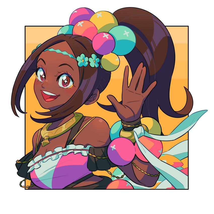 +_+, 1girl, anjohink, bare_shoulders, bracelet, brown_hair, dark-skinned_female, dark_skin, fire_emblem, fire_emblem_engage, high_ponytail, highres, jewelry, looking_at_viewer, open_mouth, pearl_bracelet, pearl_hair_ornament, sidelocks, solo, teeth, timerra_(fire_emblem), upper_body, upper_teeth_only, waving