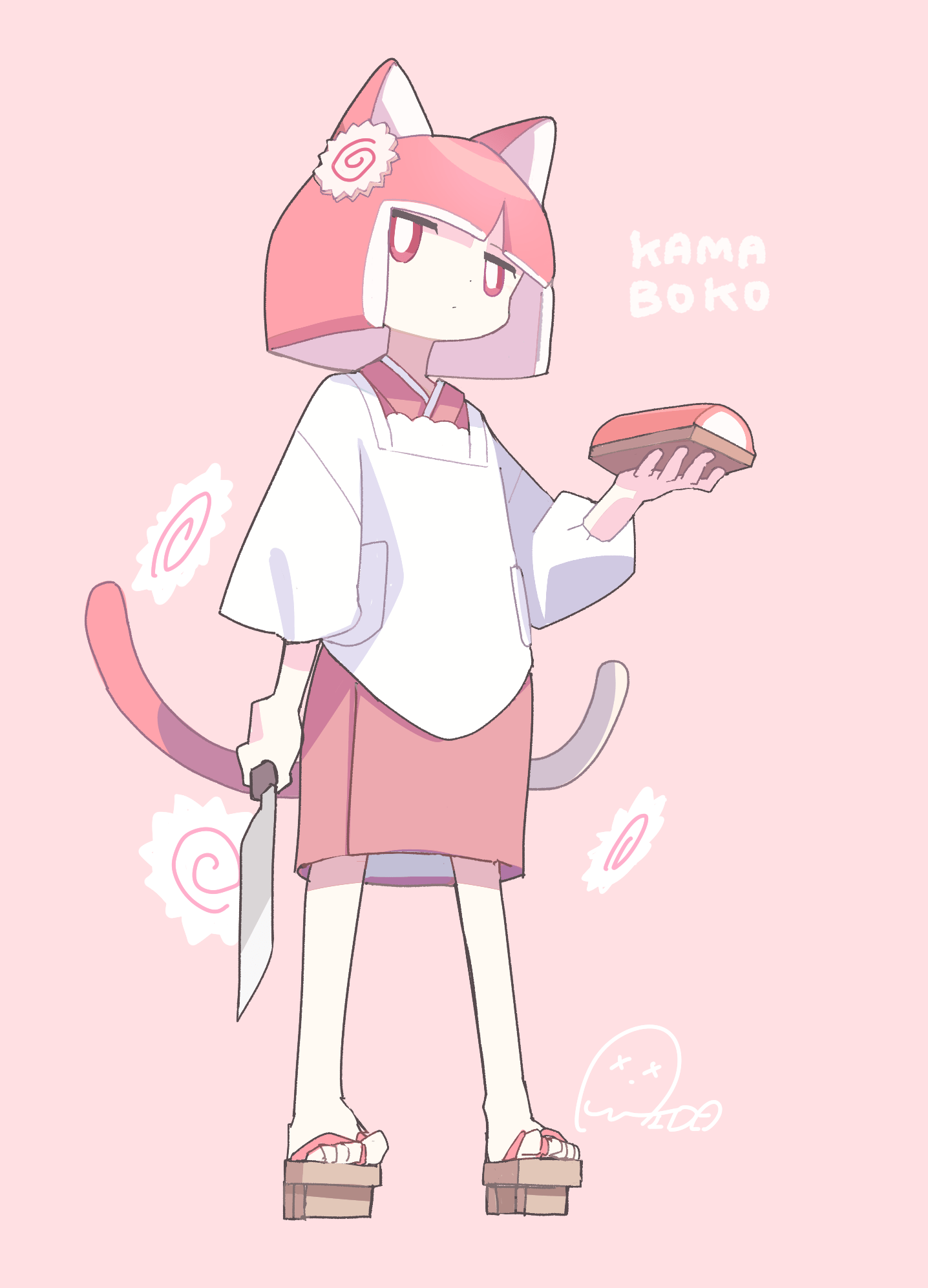 1girl, aida_(aidia), animal_ears, apron, arm_at_side, blunt_bangs, blunt_ends, bright_pupils, cat_ears, cat_girl, cat_tail, cleaver, closed_mouth, colored_inner_hair, commentary_request, dot_nose, expressionless, food, food-themed_hair_ornament, food_name, full_body, geta, hair_ornament, highres, holding, holding_cleaver, holding_food, japanese_clothes, jitome, kamaboko, kappougi, kimono, medium_hair, multicolored_hair, multiple_tails, narutomaki, no_sclera, original, personification, pink_background, pink_eyes, pink_hair, pink_kimono, pink_tail, pocket, simple_background, solo, standing, tail, toes, two_tails, white_hair, white_pupils, white_tail