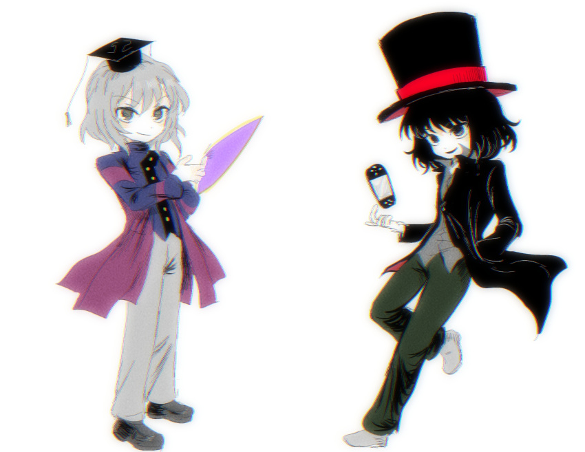 2boys, black_coat, black_eyes, black_footwear, black_hair, black_headwear, chromatic_aberration, closed_mouth
