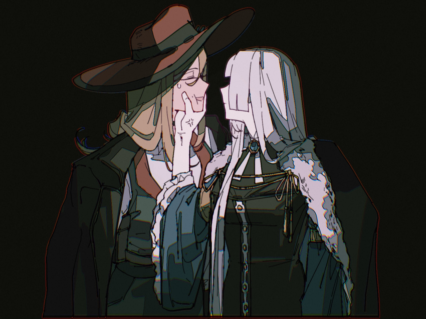 2girls, aiguillette, anger_vein, black_background, black_coat, black_dress, black_vest, blonde_hair