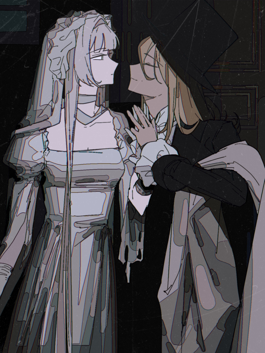 2girls, absurdres, black_coat, black_headwear, blonde_hair, chinese_commentary, closed_eyes, closed_mouth