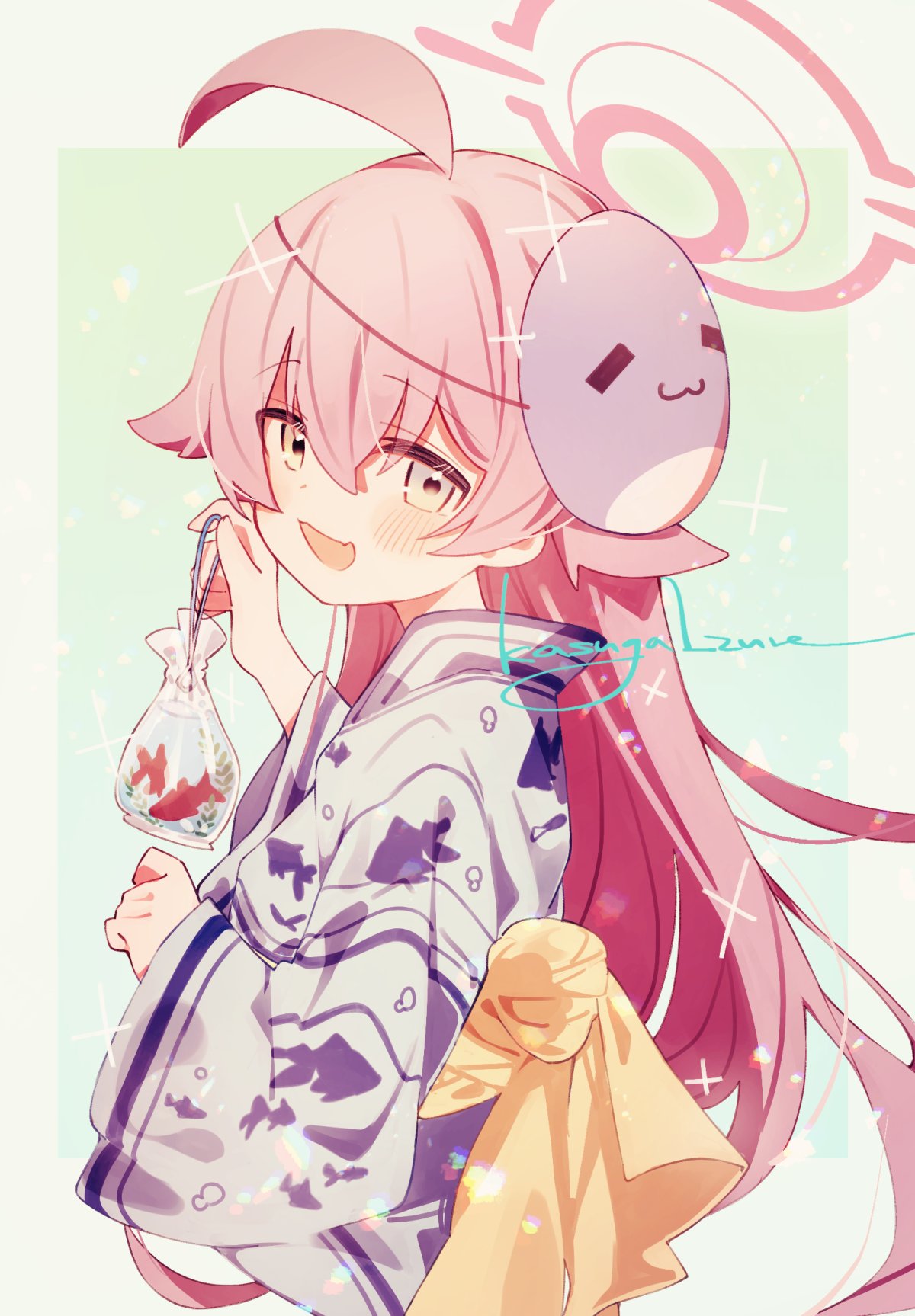 1girl, ahoge, alternate_costume, animal_print, artist_name, blue_archive, blue_eyes, blush