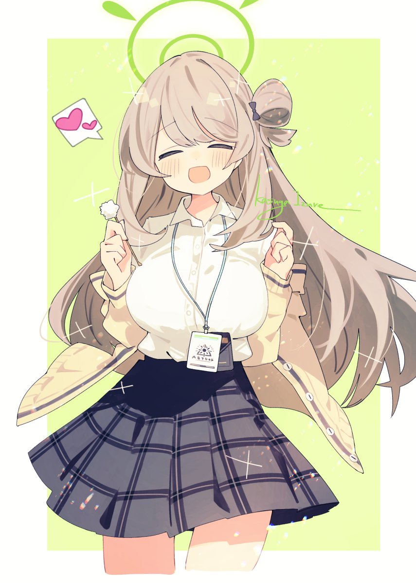1girl, ^_^, black_skirt, blue_archive, blush, border, breasts, brown_hair