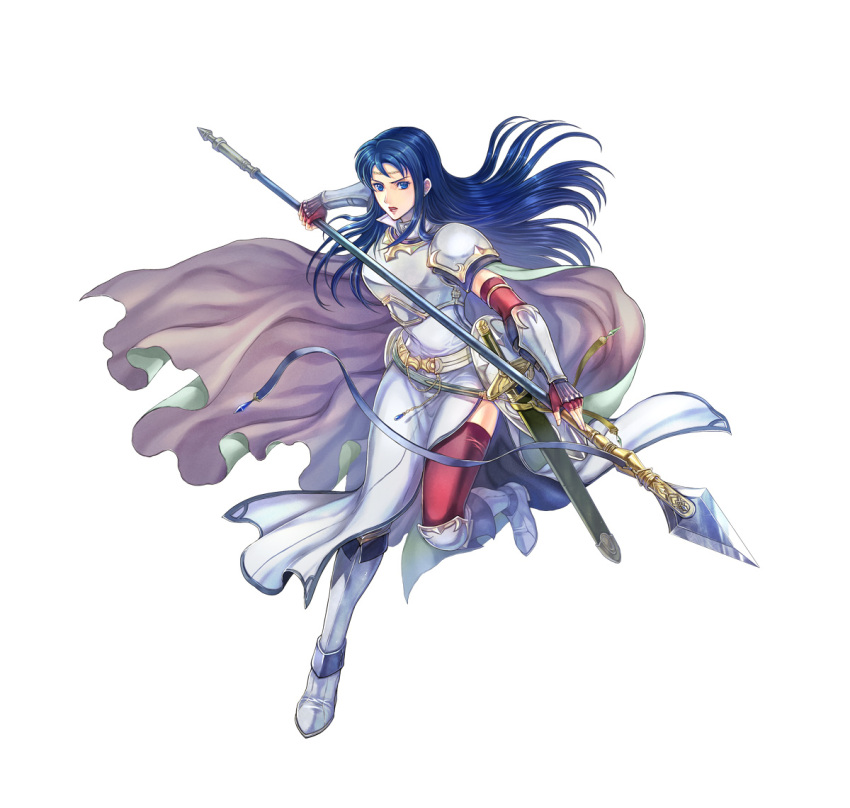 1girl, armor, blue_eyes, blue_hair, breastplate, cape, elbow_gloves, fire_emblem, fire_emblem:_the_blazing_blade, fire_emblem_heroes, gloves, holding, holding_polearm, holding_weapon, isadora_(fire_emblem), long_hair, official_art, pelvic_curtain, polearm, shoulder_armor, solo, sword, vambraces, weapon, white_cape