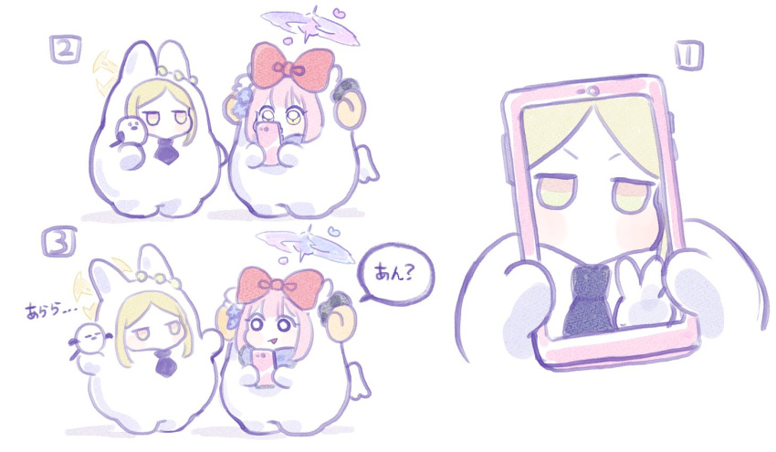 >:), 0_0, 2girls, alternate_costume, animal_costume, bell, bird, blonde_hair