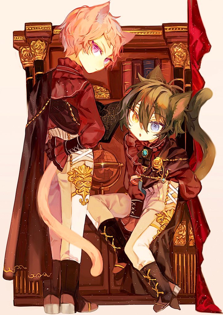 2boys, amanemio2, animal_ears, black_footwear, black_hair, blue_eyes, blue_gemstone, bookshelf