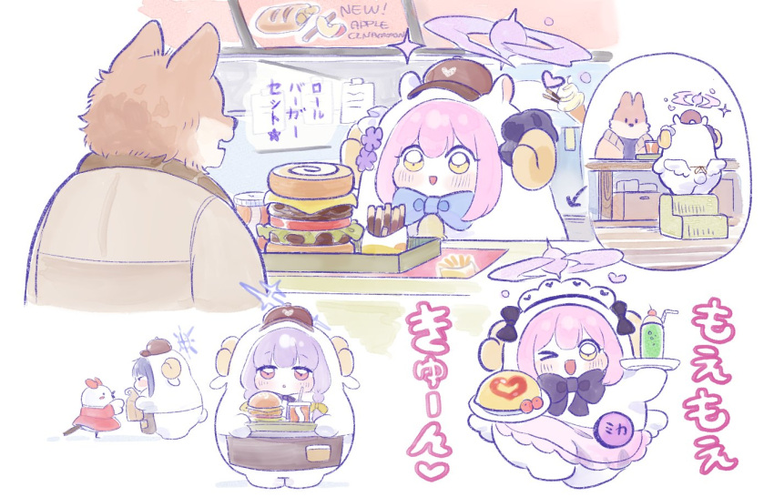3girls, :d, animal_costume, animal_ears, apple_tart, apron, atsuko_(blue_archive), bag, bell, bird, blue_archive, blush_stickers, box, burger, cake, cheese, chibi, cola, cream_soda, dog_ears, dress, drinking_straw, ekoru, fast_food, food, french_fries, furry, hair_ornament, hair_scrunchie, halo, heart, holding, horns, ice_cream, ice_cream_cone, jacket, low_wings, maid_apron, maid_headdress, mika_(blue_archive), multiple_girls, name_tag, one_eye_closed, open_mouth, paper, paper_bag, pink_hair, pink_halo, red_dress, red_ribbon, ribbon, saori_(blue_archive), scrunchie, sheep_horns, smile, soft_serve, spoken_heart, spoken_star, stairs, star_(symbol), swiss_roll, table, tray, wings, wooden_table