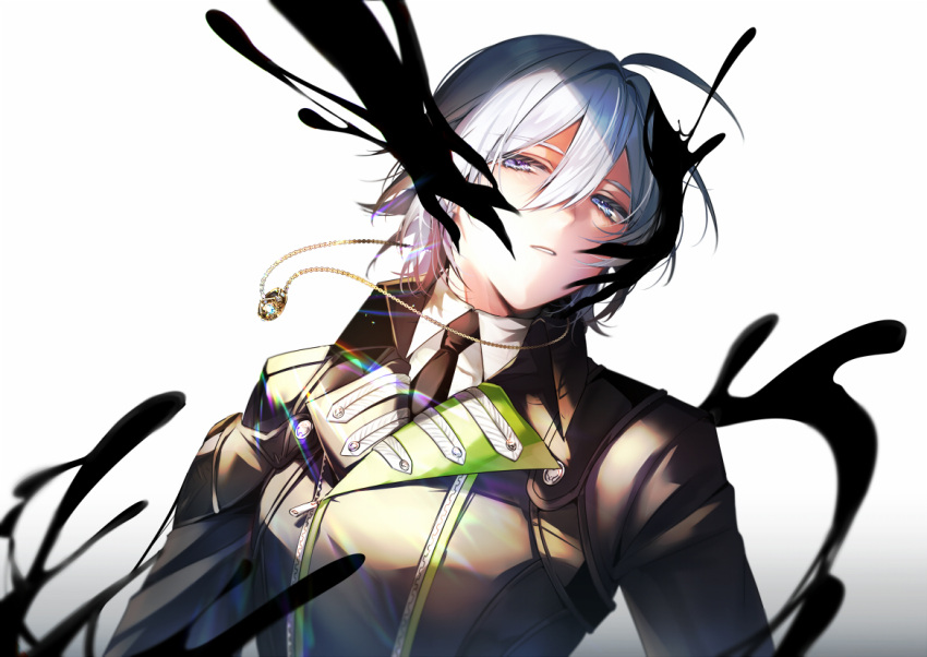 1boy, ahoge, black_jacket, black_necktie, blue_eyes, collared_shirt, hair_between_eyes, ink
