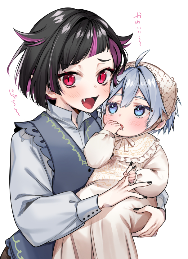 2boys, :d, ahoge, black_hair, black_nails, blue_eyes, blush, bonnet