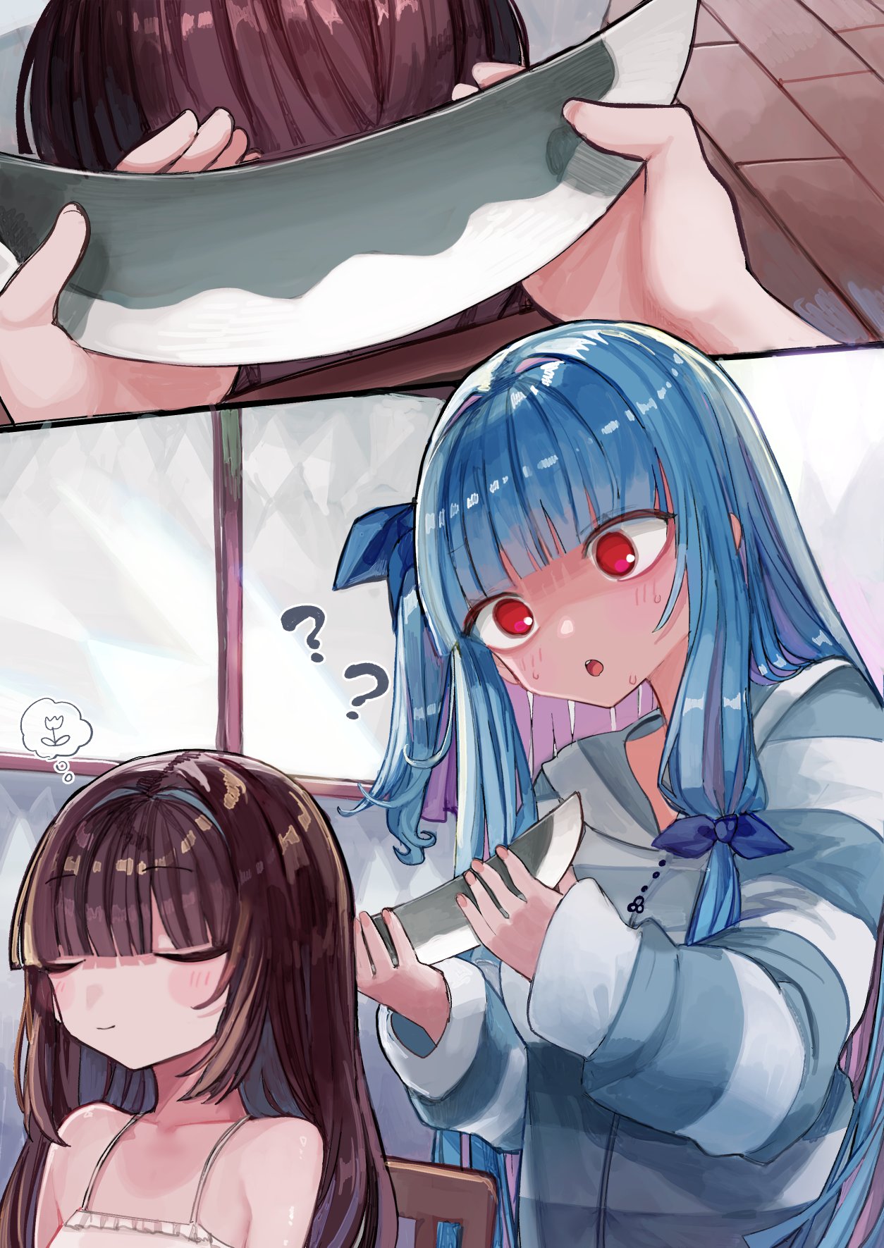 2girls, ?, ??, bare_shoulders, blue_hair, blunt_bangs, brown_hair, camisole, commentary_request, flower, hair_down, hair_ribbon, headgear, highres, holding, hood, hoodie, imagining, indoors, kotonoha_aoi, long_hair, microa, multiple_girls, one_side_up, open_mouth, red_eyes, ribbon, sweat, touhoku_kiritan, unworn_headgear, voiceroid
