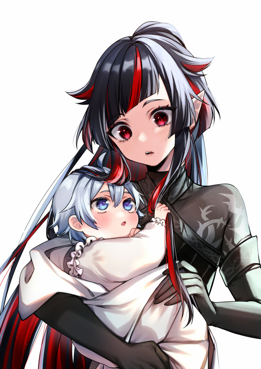 2boys, :o, baby, black_gloves, black_hair, blue_eyes, blunt_bangs, blunt_ends