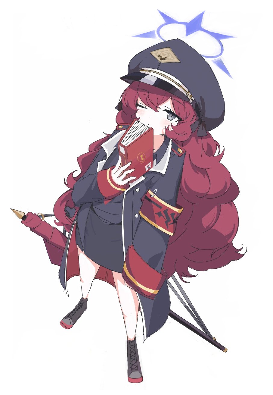 1girl, arimas_ar1, armband, black_coat, black_headwear, black_skirt, blue_archive, blush