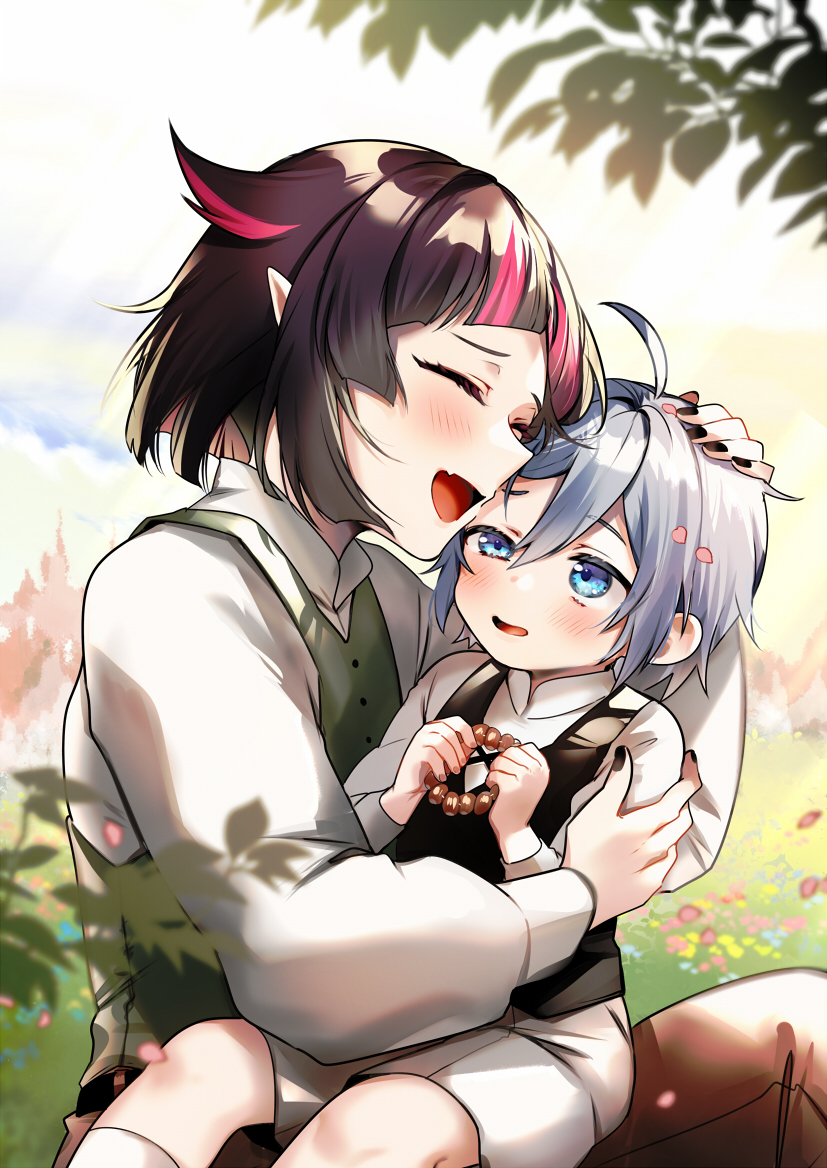 2boys, :d, ^_^, ahoge, black_hair, black_nails, black_vest, blue_eyes