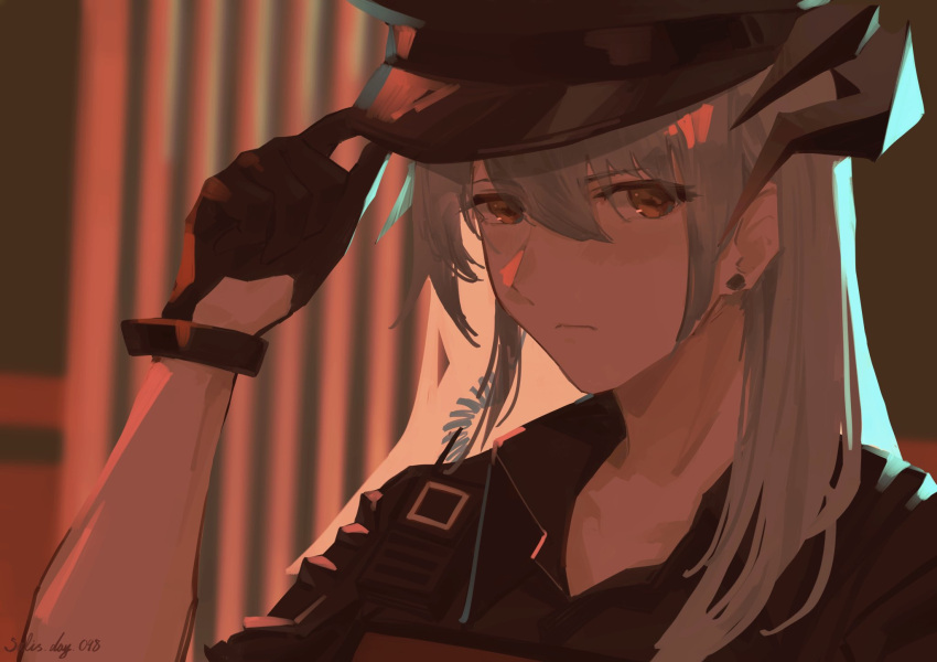 1solis000, arknights, black_gloves, black_headwear, dragon_girl, dragon_horns, earrings, gloves