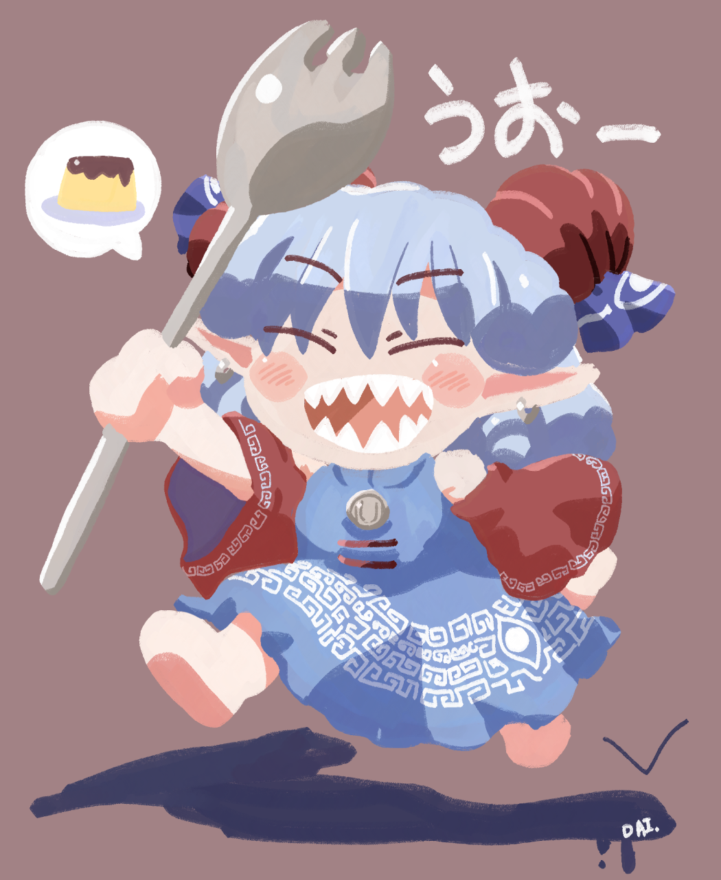 1girl, bare_shoulders, barefoot, blue_dress, blush_stickers, brown_background, chibi, closed_eyes, commentary_request, dress, food, fork, full_body, giant_fork, grey_hair, happy, highres, holding, holding_fork, horn_ornament, horn_ribbon, horns, long_sleeves, no_lineart, open_mouth, pointy_ears, pudding, ribbon, rokugou_daisuke, shadow, sharp_teeth, simple_background, solo, spoken_food, teeth, touhou, toutetsu_yuuma, wide_sleeves