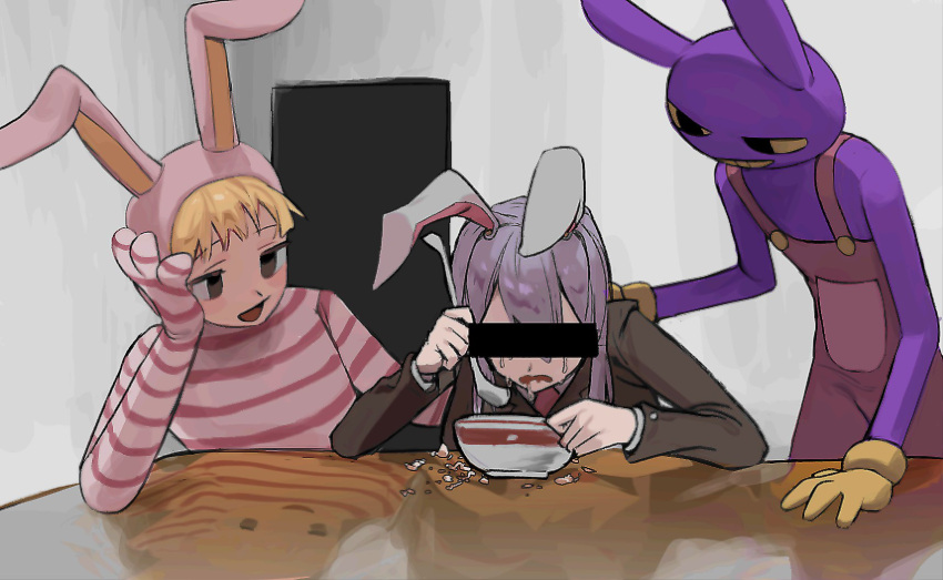 10000_we, 1girl, 2boys, animal_ears, black_hair, blank_room_soup, blazer, blonde_hair