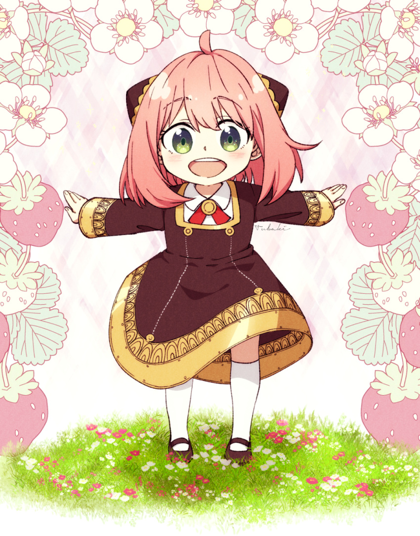 1girl, :d, ahoge, anya_(spy_x_family), artist_name, black_dress, black_footwear, blush