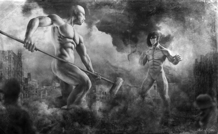 2boys, battle, duel, feet_out_of_frame, giant, giant_male, greyscale, hammer