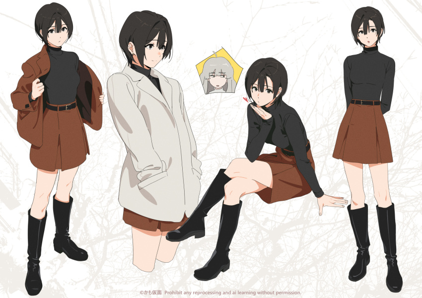 2girls, ahoge, arms_behind_back, belt, black_footwear, black_hair, black_shirt, boots