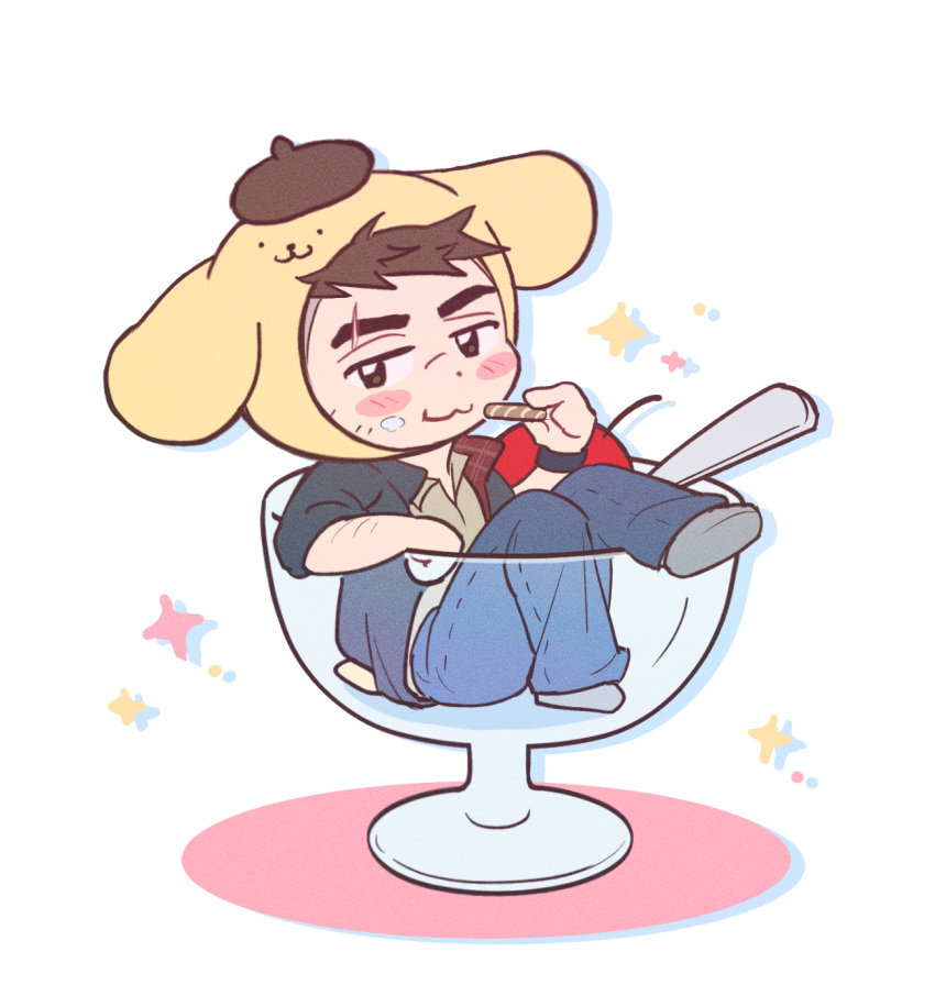 1boy, :3, animal_costume, arm_hair, beret, black_eyes, black_hair, black_jacket, blush, cherry, chibi, david_king_(dead_by_daylight), dead_by_daylight, denim, dog_tail, eating, eyebrow_cut, facial_hair, food, food_on_face, fruit, full_body, hat, highres, ice_cream_cup, jacket, jeans, looking_at_viewer, male_focus, mini_person, miniboy, open_clothes, open_jacket, pants, pompompurin, sanrio, shirt, shoes, short_hair, sitting, sneakers, solo, sparkle, spoon, stubble, tail, wafer_stick, wasted_m9, watch, watch, white_background, white_shirt