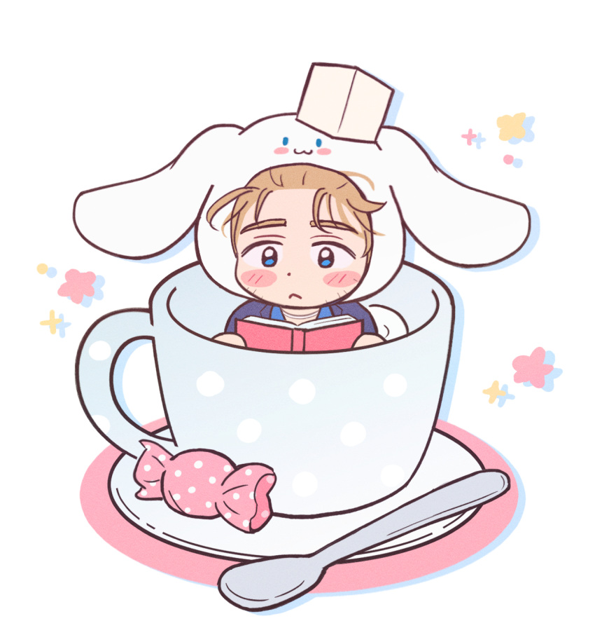1boy, animal_costume, blonde_hair, blue_shirt, blush, book, candy, chibi