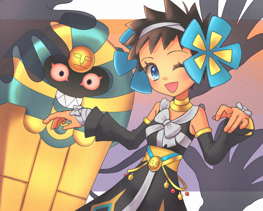 1girl, absurdres, arm_wrap, blue_eyes, cofagrigus, colored_sclera, commentary_request, dark-skinned_female