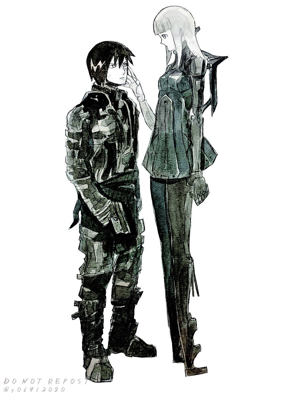 1boy, 1girl, blame!, blunt_bangs, cibo, closed_mouth, cyborg, eye_contact