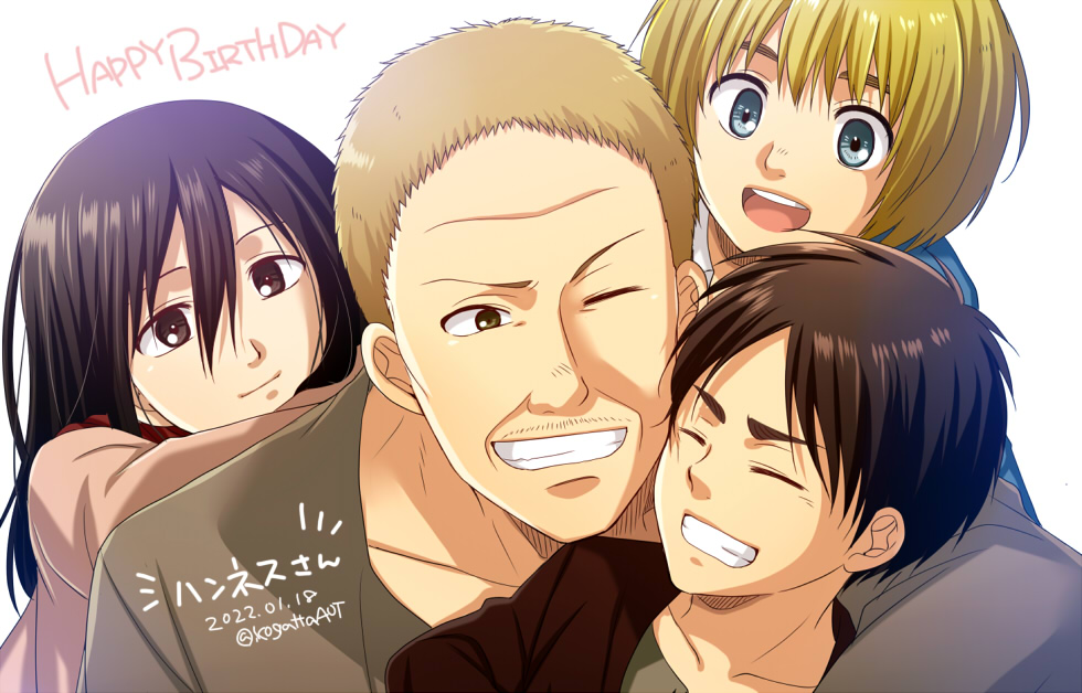 1girl, 3boys, affectionate, age_difference, armin_arlert, black_hair, blonde_hair, blue_eyes