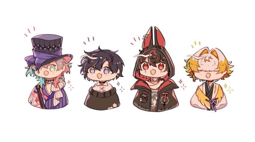 4boys, algorhythm_project, animal_ear_hood, bandaged_neck, bandages, bead_choker, bead_necklace, beads