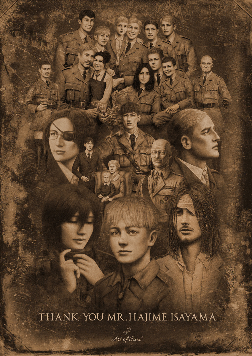 1other, 4girls, 6+boys, aged_down, aged_up, armin_arlert, bald, bandage_over_one_eye