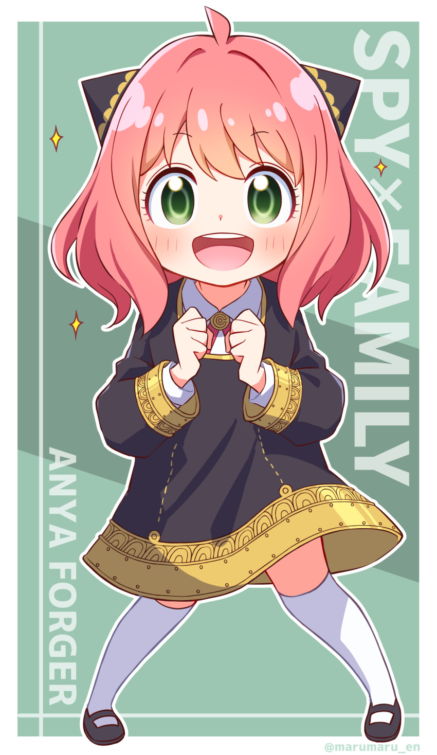 1girl, :d, ahoge, anya_(spy_x_family), artist_name, black_dress, black_footwear, blush