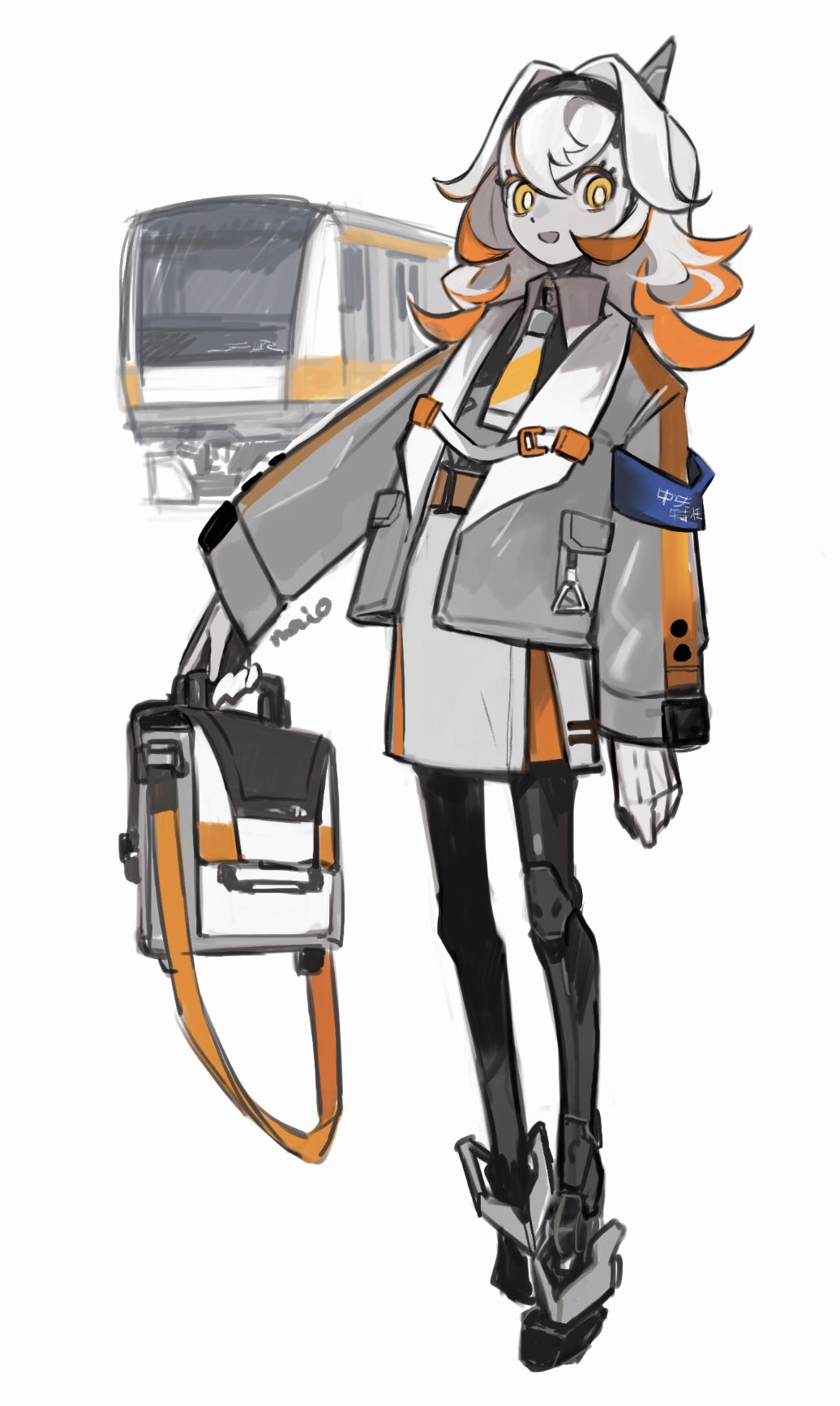 1girl, android, armband, belt, black_hairband, black_shirt, blue_armband, bright_pupils, collared_shirt, full_body, hair_between_eyes, hairband, highres, holding, holding_suitcase, long_sleeves, looking_at_viewer, maio_(space_jct), mechanical_legs, medium_hair, multicolored_hair, necktie, open_clothes, open_mouth, orange_eyes, orange_hair, orange_necktie, original, pocket, shirt, signature, simple_background, skirt, smile, solo, standing, suitcase, train, white_background, white_hair, white_pupils, white_skirt