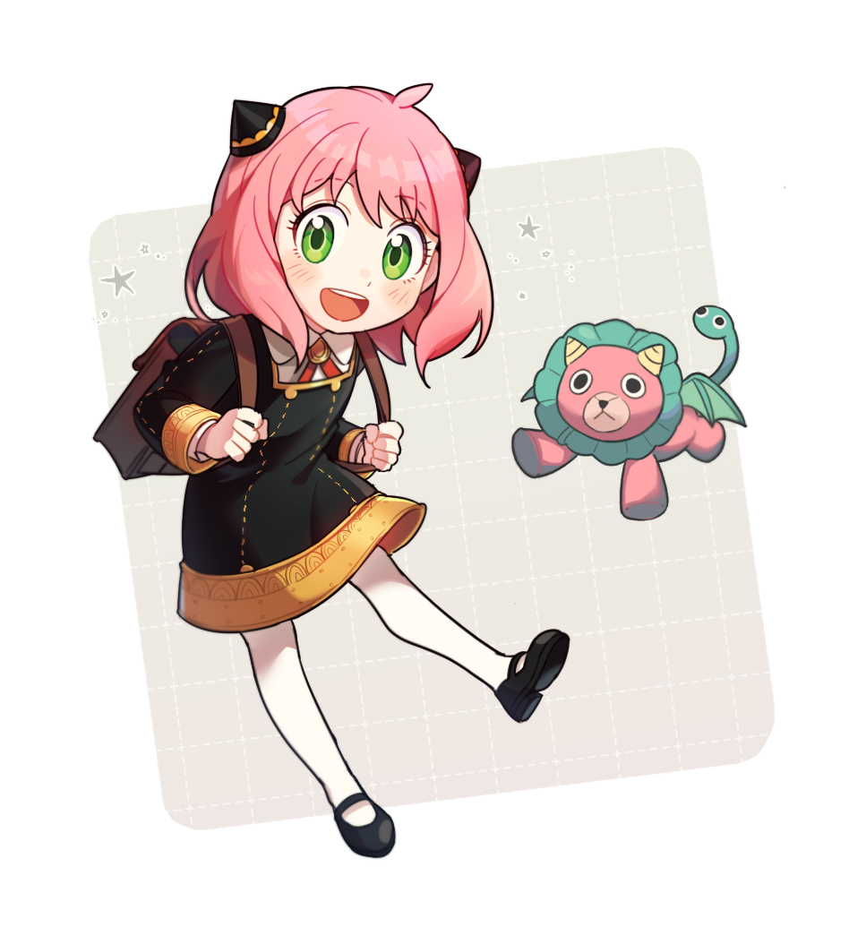 1girl, :d, ahoge, anya_(spy_x_family), backpack, bag, black_dress, black_footwear