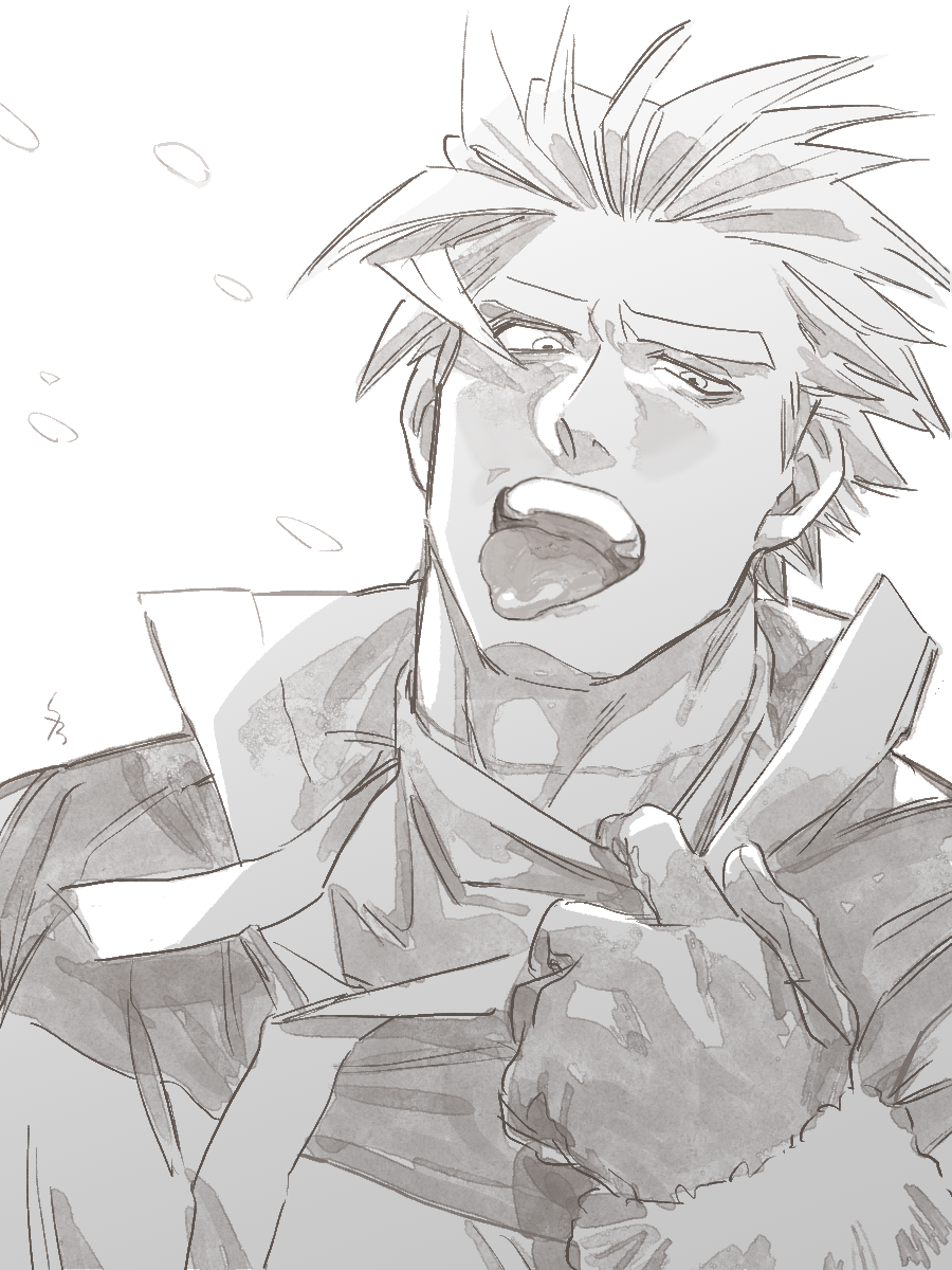 1boy, 74-gou_(73-gou), collar_tug, deruha_(this_communication), gloves, greyscale, highres, huge_eyebrows, male_focus, monochrome, short_hair, snowing, solo, spiky_hair, thick_neck, this_communication, tongue, tongue_out, uneven_eyes, upper_body