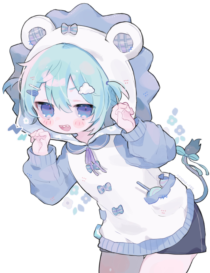 1girl, animal_ears, animal_hood, aqua_hair, artist_name, blue_eyes, blush, blush_stickers, bow, candy, claw_pose, cloud_hair_ornament, cotono_(nazekun), cowboy_shot, fake_animal_ears, floral_print, flower_(symbol), food, gao, hair_between_eyes, hair_ornament, hairclip, half-closed_eyes, hands_up, highres, hood, hood_up, hoodie, jitome, leaning_forward, lightning_bolt_symbol, lion_hood, lion_tail, lollipop, long_sleeves, looking_at_viewer, neck_ribbon, open_mouth, original, pastel_colors, pocket, ribbon, sharp_teeth, sidelocks, simple_background, smile, solo, spoken_lightning_bolt, standing, swirl_lollipop, tail, tail_ornament, tail_ribbon, teeth, upper_teeth_only, white_background