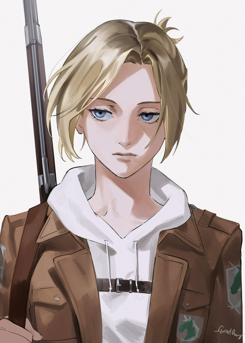 1girl, annie_leonhardt, blonde_hair, blue_eyes, brown_jacket, chest_belt, expressionless, highres