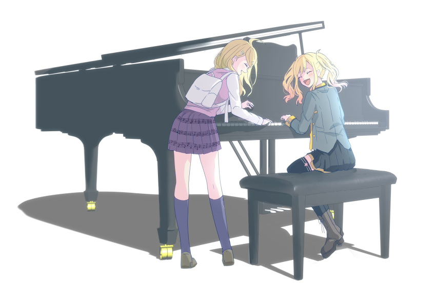 2girls, :d, ahoge, airabi, akamatsu_kaede, backpack, bag, black_skirt