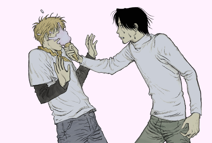 2boys, bandana, bandana_around_neck, black_eyes, black_hair, blonde_hair, commentary_request, constricted_pupils