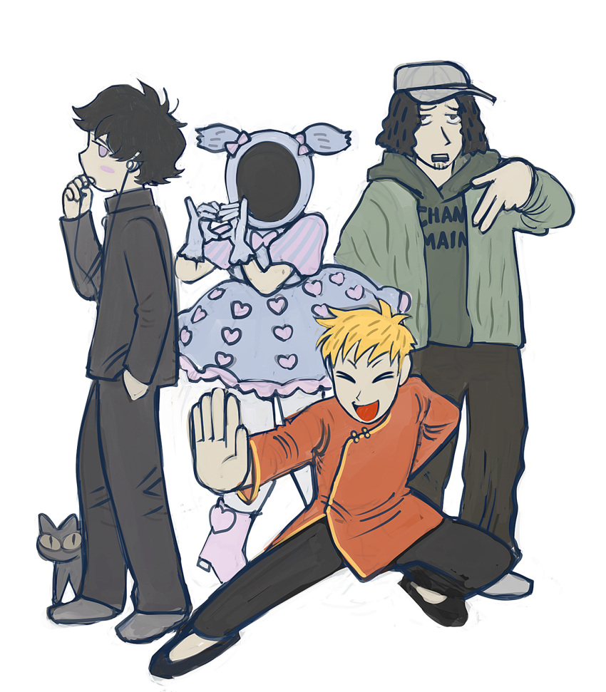 4boys, alternate_costume, alternate_hair_color, arm_behind_back, baseball_cap, black_eyes, black_hair, black_pants