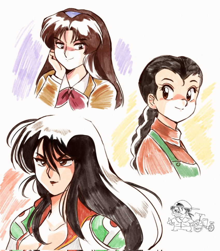 1boy, 3girls, bicycle, biker_clothes, bikesuit, black_hair, bodysuit, braid, brown_eyes, brown_hair, brown_jacket, collarbone, golden_boy, green_overalls, hand_on_own_chin, highres, jacket, jenna_(rainynebula), katsuda_naoko, long_hair, looking_back, multiple_girls, neckerchief, noriko_(golden_boy), ooe_kintarou, red_neckerchief, red_sweater, shirt, sidelocks, sketch, smile, sweater, terayama_reiko, upper_body, v-shaped_eyebrows, white_shirt