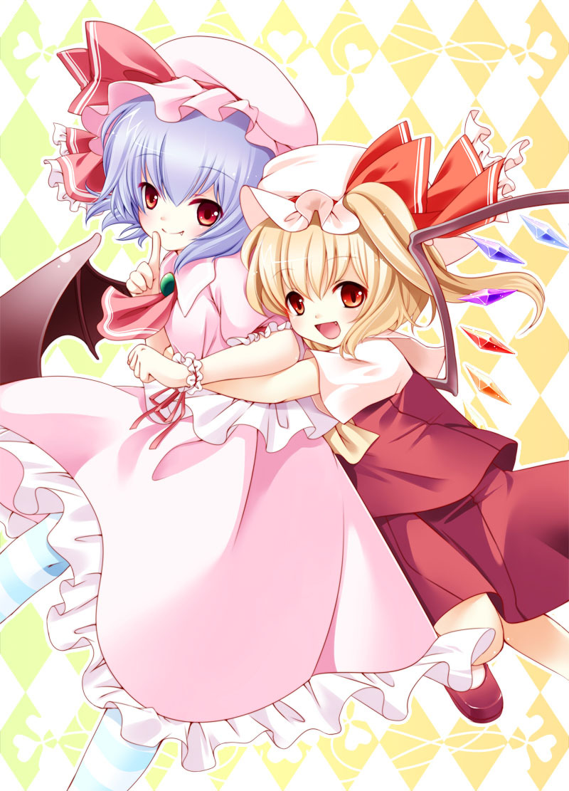 2girls, bat_wings, blonde_hair, blue_hair, blue_legwear, fang, flandre_scarlet, hat
