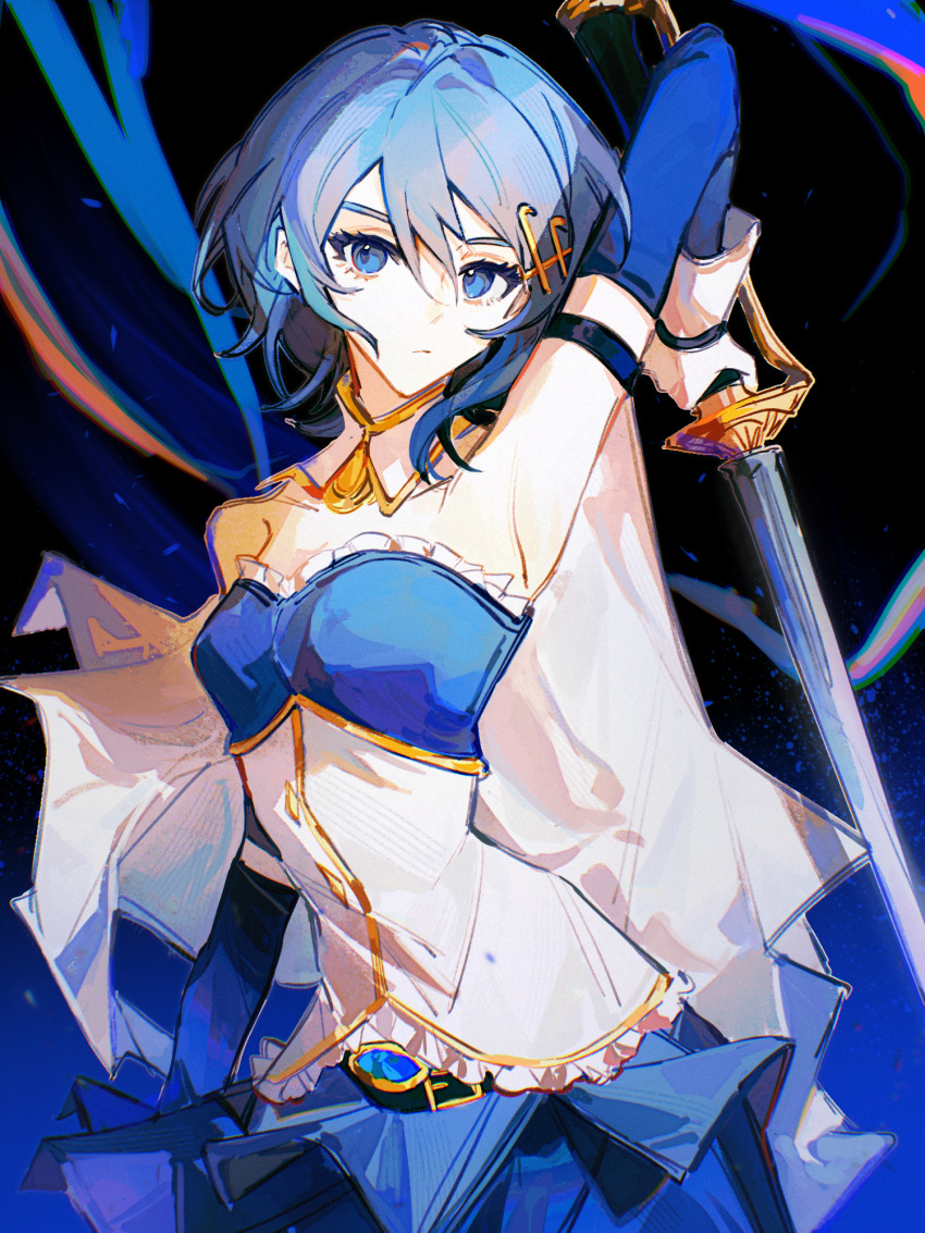 1girl, belt, black_background, blue_background, blue_eyes, blue_hair, blue_skirt, blue_theme