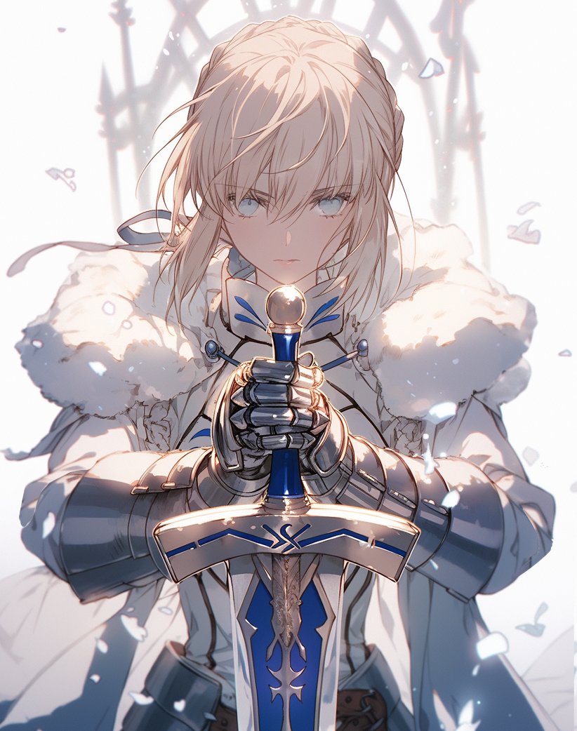1girl, ahoge, armor, armored_dress, artoria_pendragon_(fate), blonde_hair, blue_eyes, braid, excalibur_(fate/stay_night), fate/grand_order, fate/stay_night, fate/unlimited_blade_works, fate/zero, fate_(series), gauntlets, long_sleeves, saber, short_hair, snow, solo, sword, tarte_(hodarake), weapon