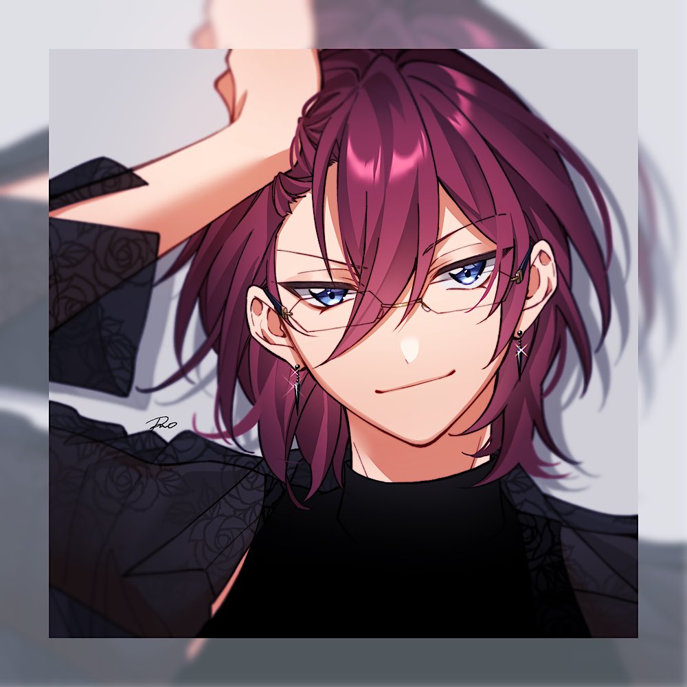 1boy, black_shirt, blue_eyes, blurry_border, closed_mouth, ensemble_stars!, floral_print, floral_print_shirt, glasses, grey_background, hand_on_own_head, looking_at_viewer, male_focus, mcopoon, purple_hair, saegusa_ibara, shirt, short_hair, signature, smile, solo, turtleneck