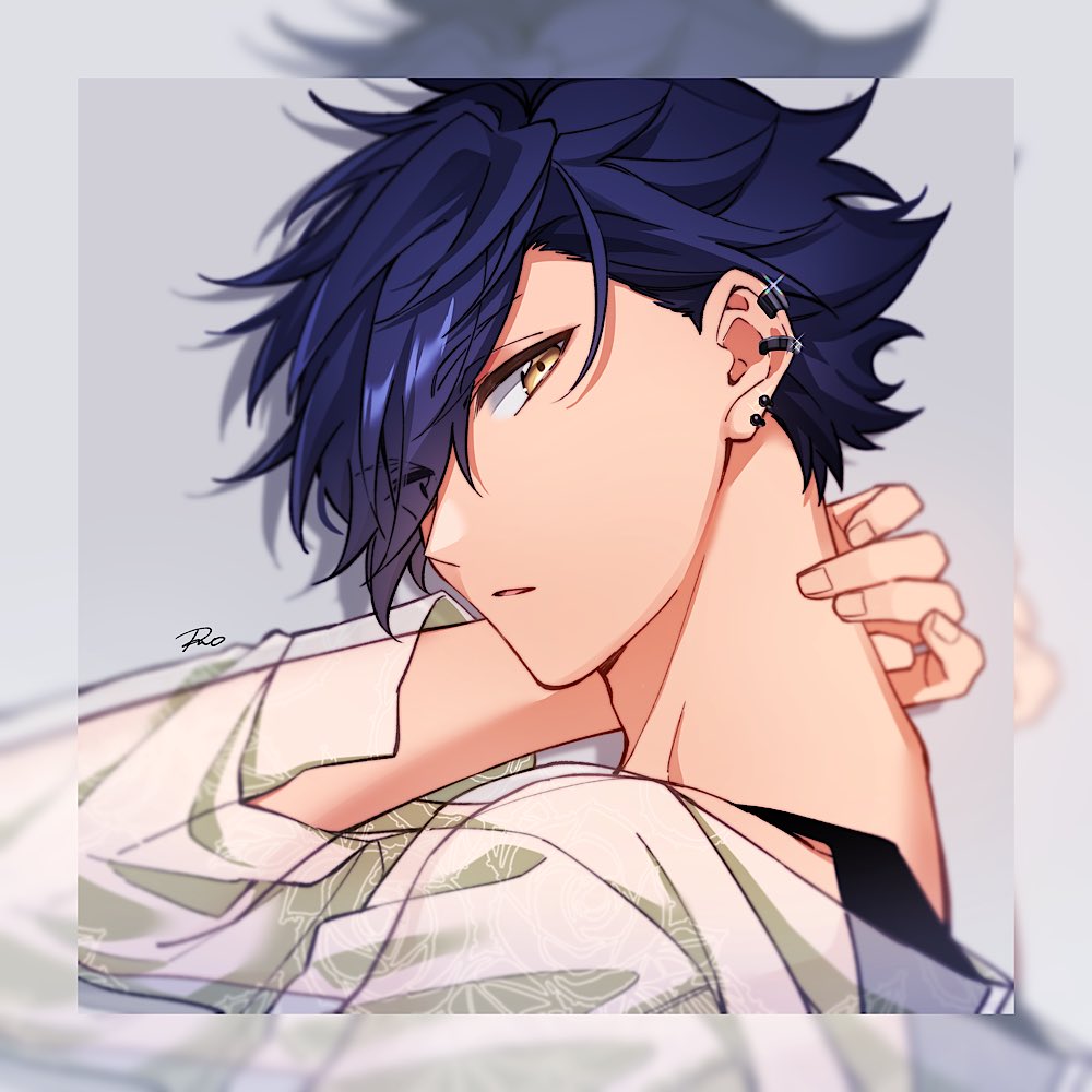 1boy, black_tank_top, blue_hair, blurry_border, ear_piercing, earrings, ensemble_stars!, facing_to_the_side