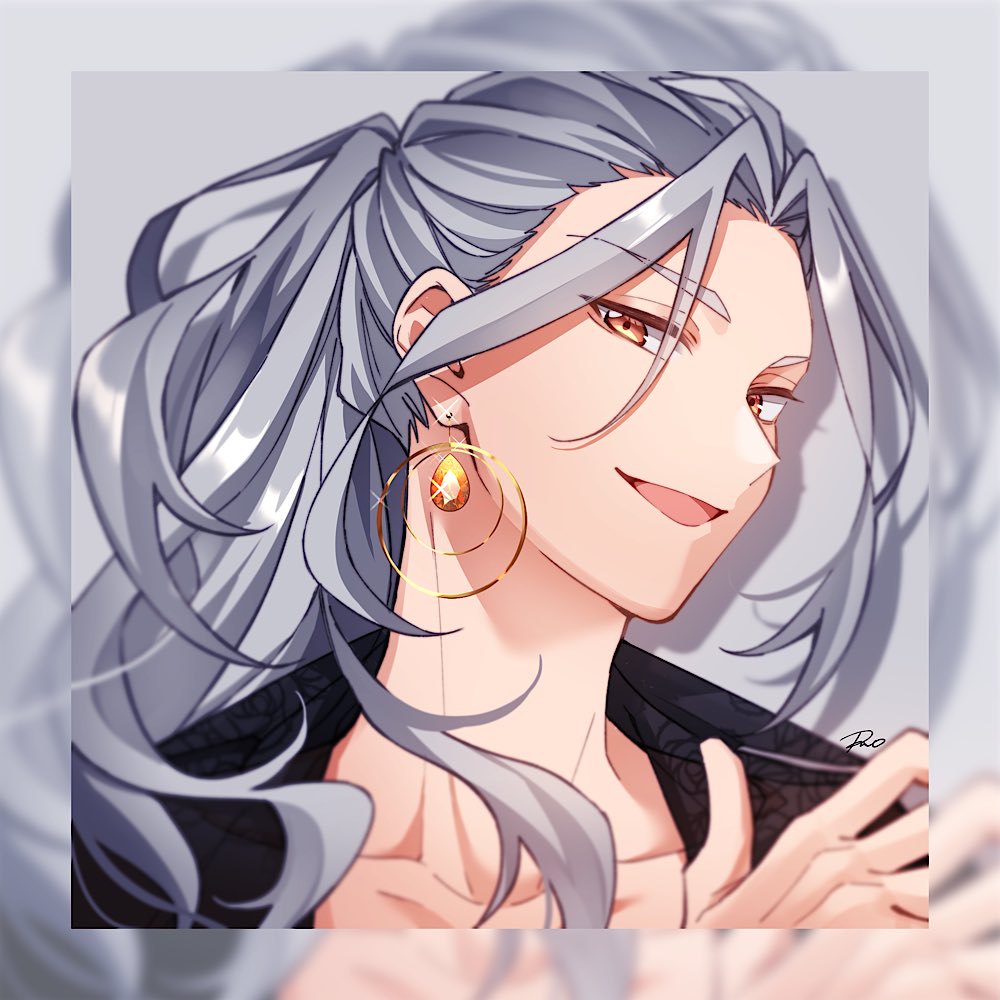 1boy, black_shirt, blurry_border, ensemble_stars!, floral_print, floral_print_shirt, grey_background, grey_hair