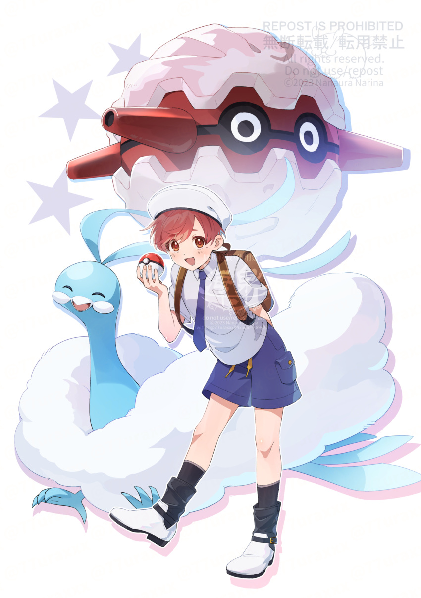 1boy, :d, altaria, arm_behind_back, backpack, bag, black_socks, breast_pocket