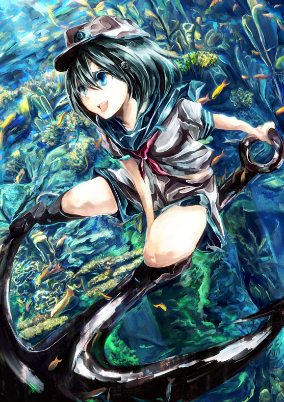 black_hair, blue_eyes, hat, kuro_kichi, murasa_minamitsu, sailor, sailor_collar, sailor_hat