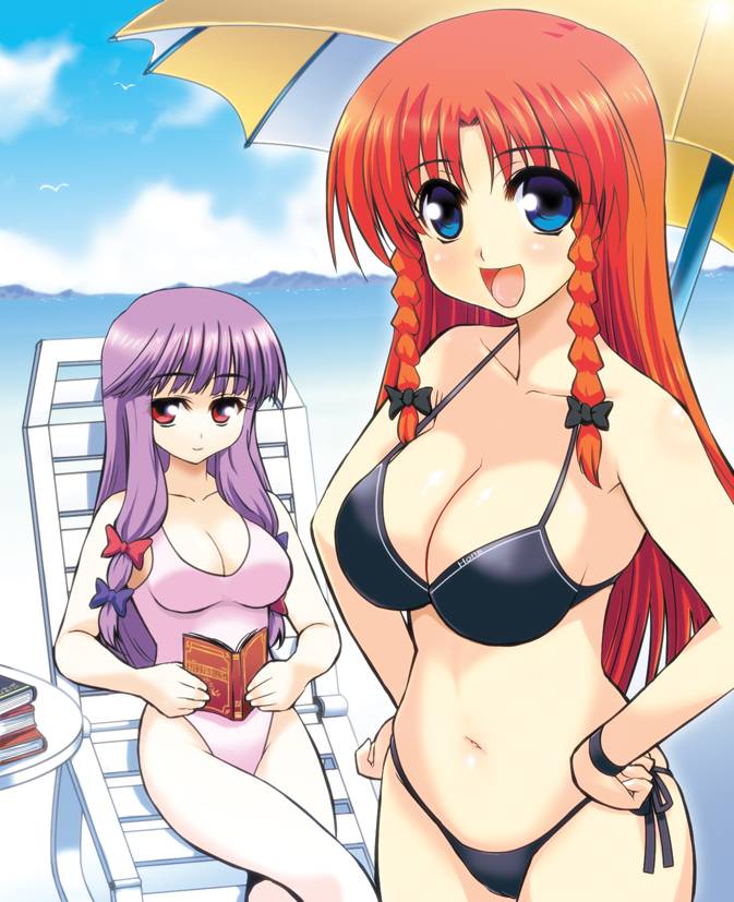 bikini, blue_eyes, book, braid, breasts, cleavage, crossed_legs, hands_on_hips, hong_meiling, large_breasts, long_hair, multiple_girls, one-piece_swimsuit, patchouli_knowledge, red_eyes, red_hair, side-tie_bikini, sitting, smile, swimsuit, takadoya, touhou, twin_braids, umbrella