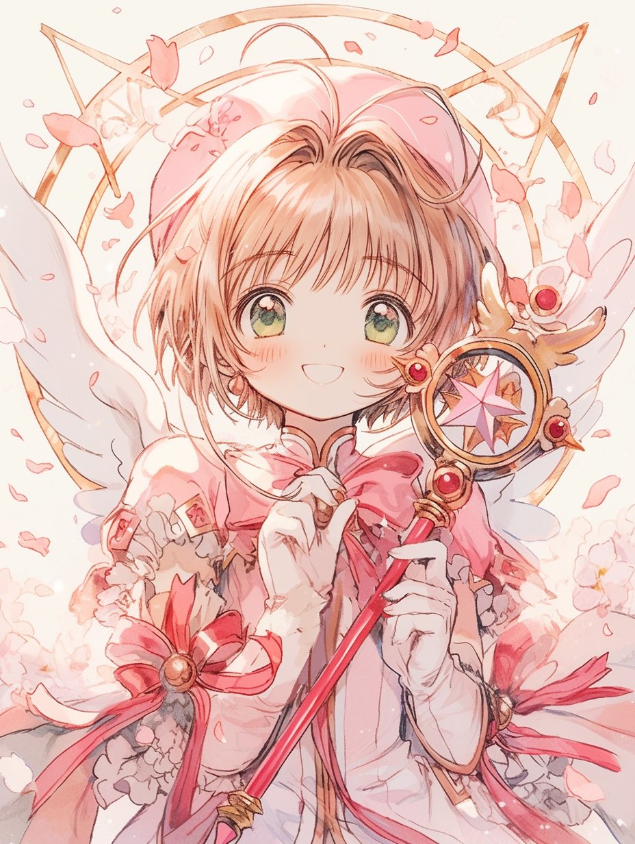 1girl, antenna_hair, blush, brown_hair, cardcaptor_sakura, dress, fuuin_no_tsue, gloves